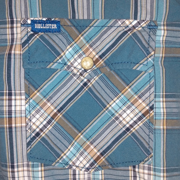 🔴 SALE VTG Hollister Blue/Green Plaid Short Sleeve Western Pearl Snap Button Up - Picture 3 of 6
